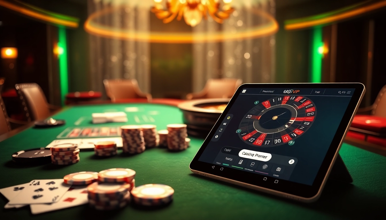 Experience high-stakes excitement at 68VIP's poker table, featuring vibrant chips and an elegant roulette wheel.