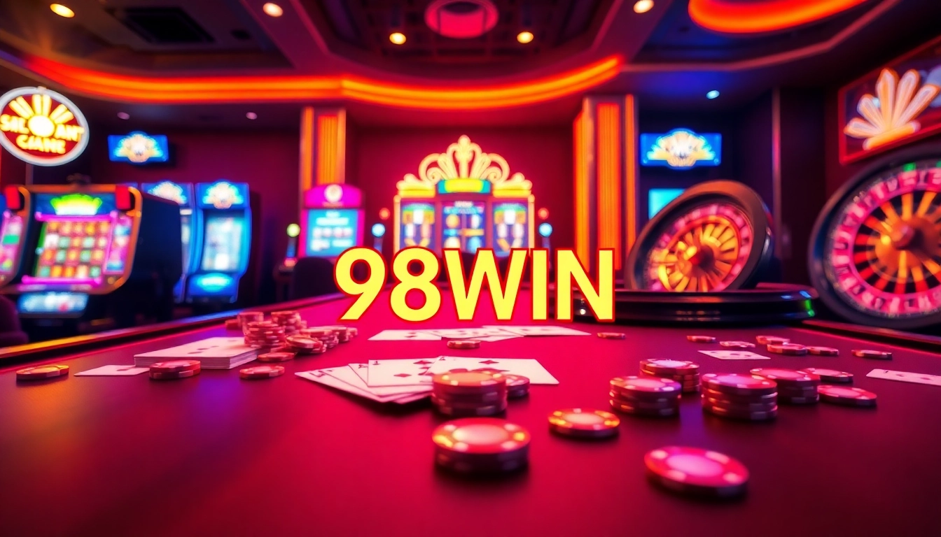 Experience thrilling online gaming at 98WIN with vibrant casino tables and exciting slot machines.