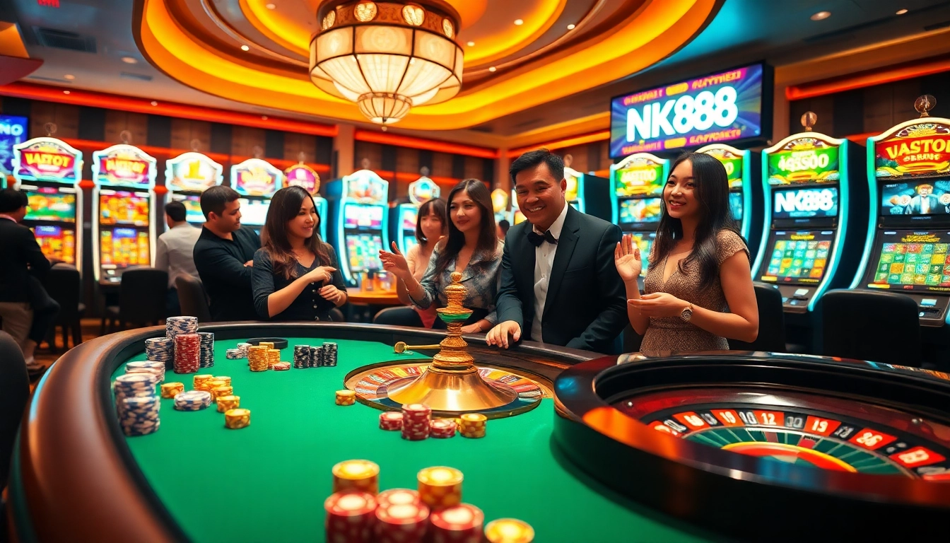 Gamblers enjoying an exhilarating game at NK88, surrounded by casino tables and vibrant slot machines.